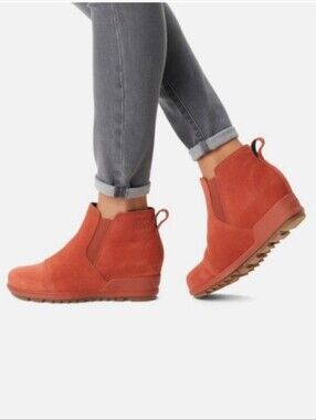 SOREL EVIE PULL-ON WATERPROOF SUEDE WEDGE BOOTIE RUST RED SZ 11